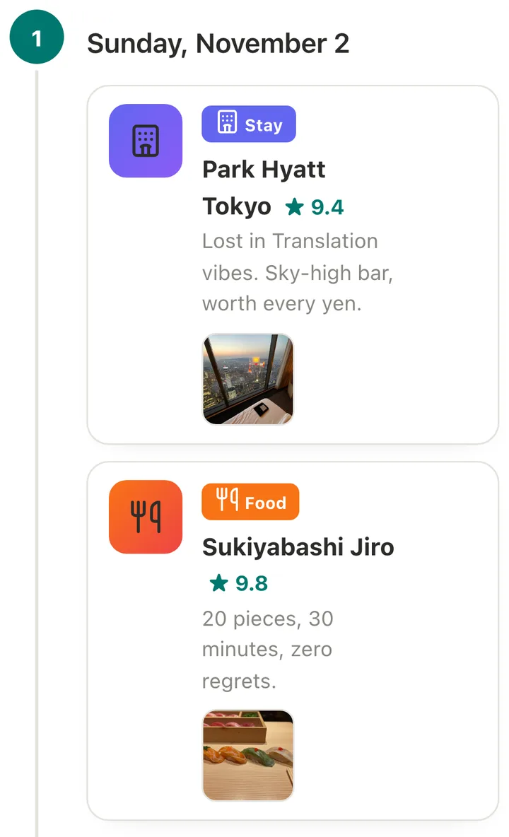 One day of a filled-in Farrow trip: two places logged with a photo, rating, and short note each