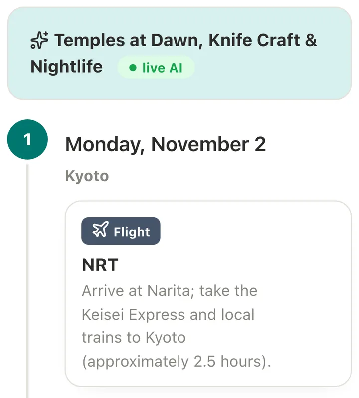 Live Farrow AI planner output: a trip concept named by the planner, and the first day of its itinerary