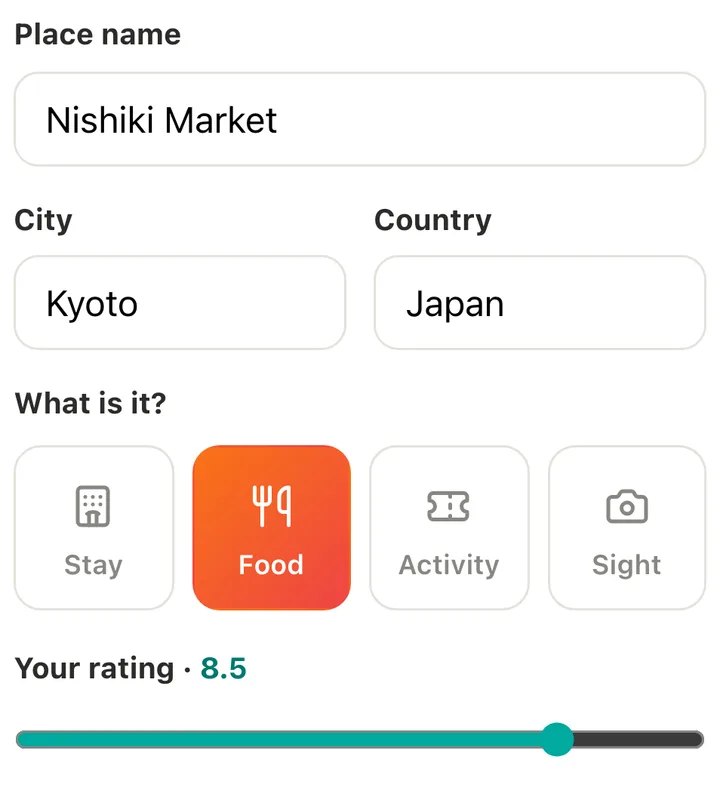 Logging a place in Farrow: place name Nishiki Market in Kyoto, category tiles with Food selected, and a rating slider set to 8.5