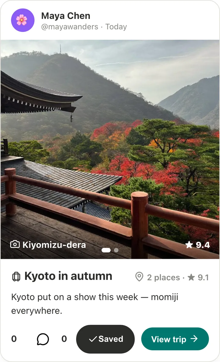 A friend's shared trip in the Farrow feed: Kyoto in autumn, with a temple photo, rating, caption, and save and view-trip buttons